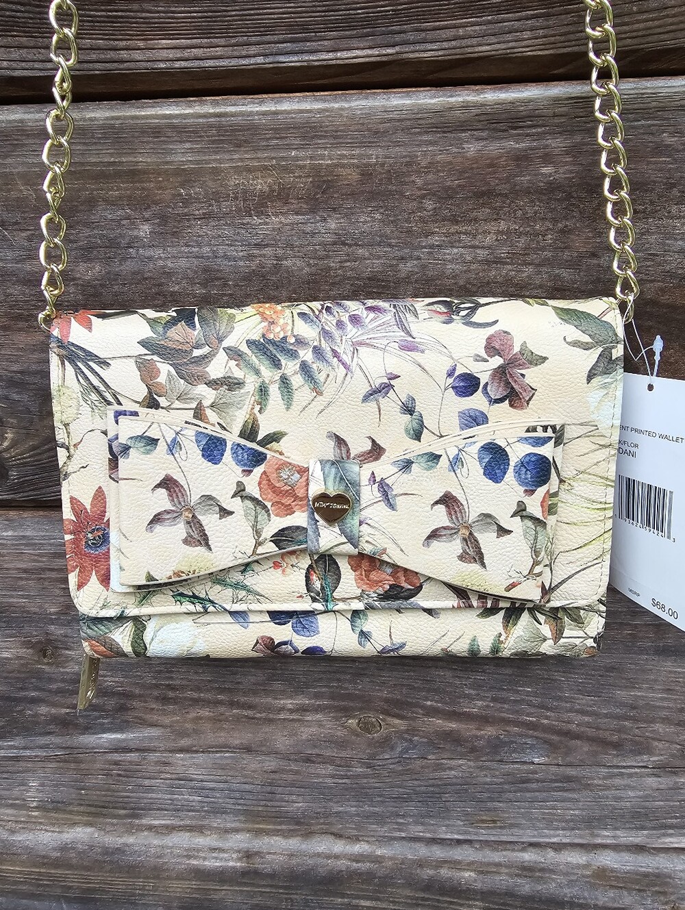 Betsey Johnson Floral Wallet Crossbody Clutch Cream Botanical Bow Front NWT